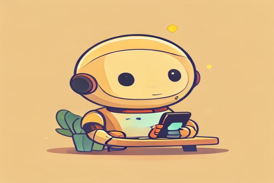 Mascote ilustrado do funcionário de IA Mercúrio, sentado numa mesinha usando um celular